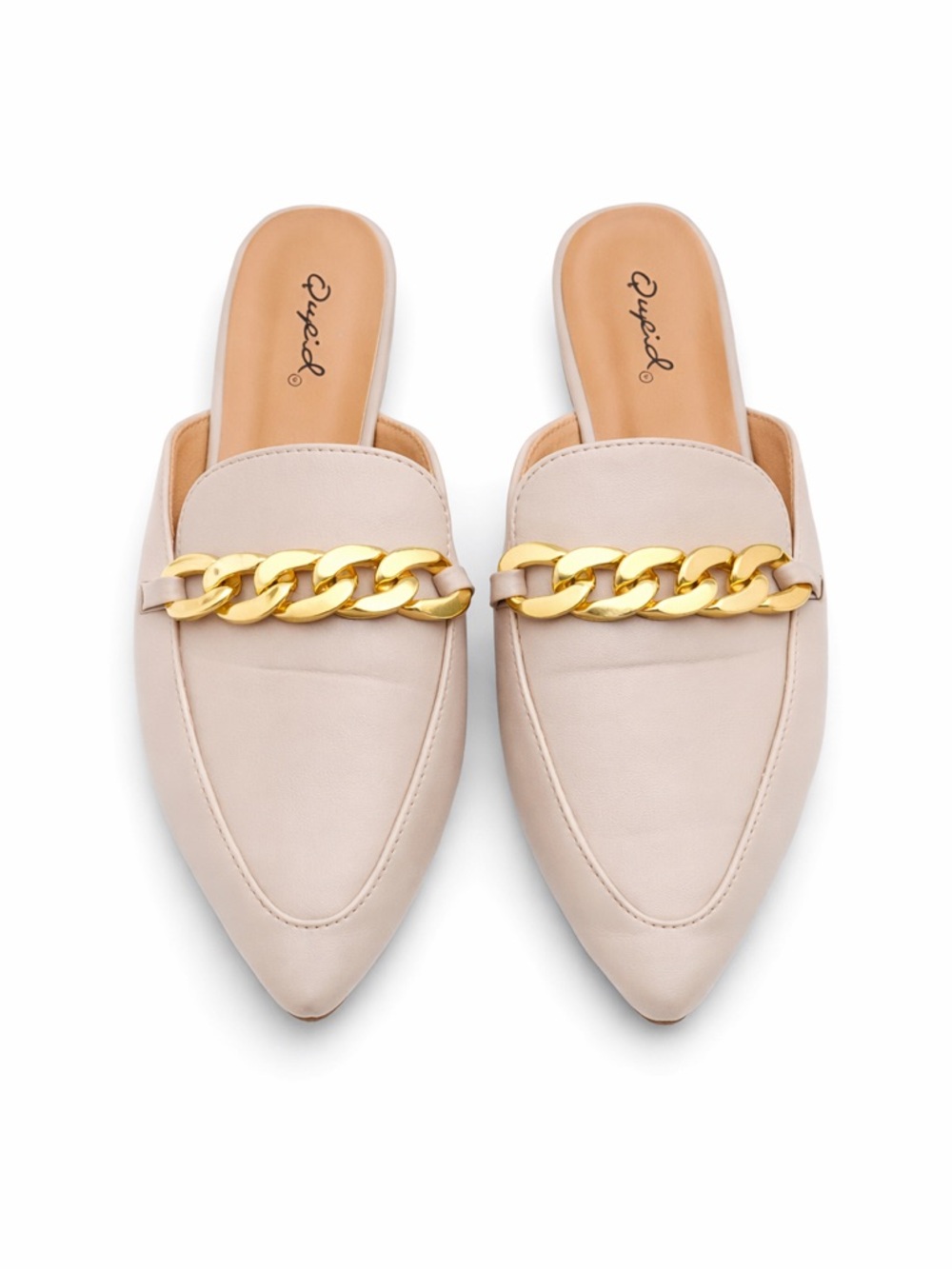 Qupid Nude Pointed Toe Mule Flats Gold Chain Slip On Loafers Women’s Shoes Chic